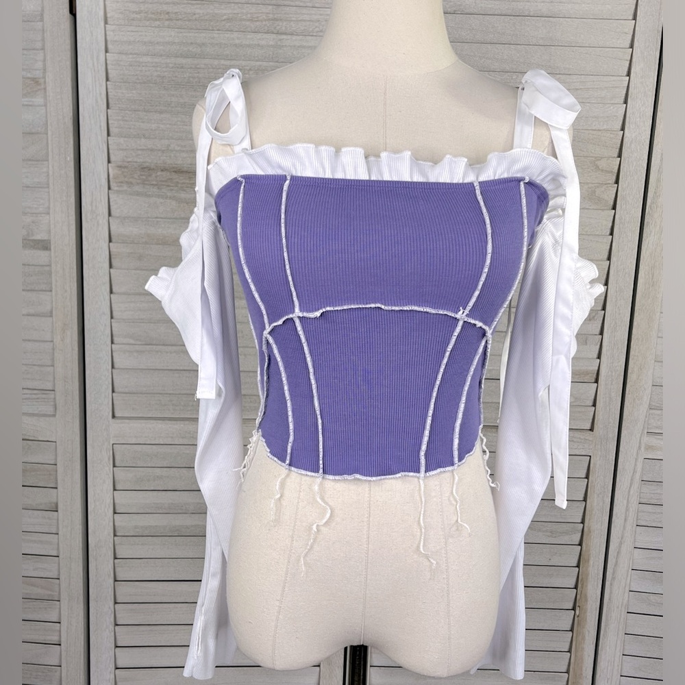 DO MY SELF Rib Knit Crop Top Seam Details Removable Shoulder Ties Ruffles-Medium